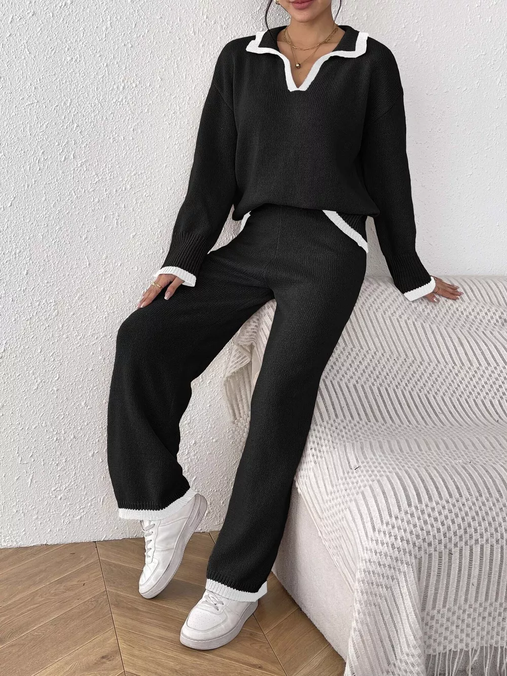 Contrast Trim Polo Collar Top and Pants Sweater Set, image 11