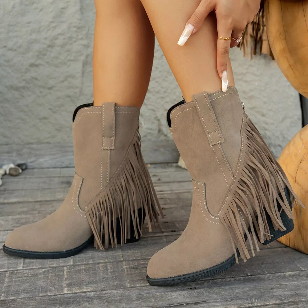 Fringe Block Heel Ankle Boots