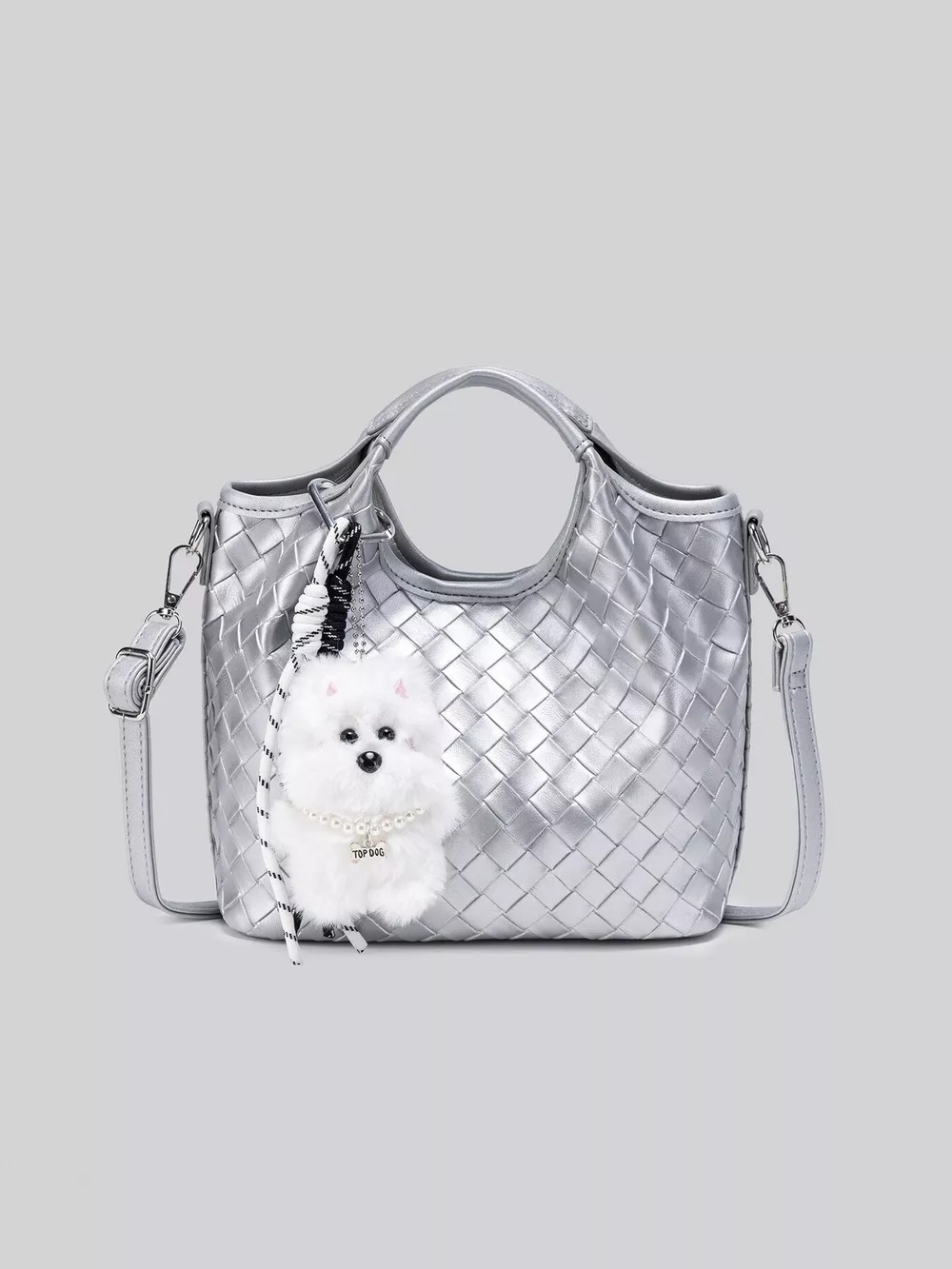 Metallic Woven Shoulder Bag with Cute Plush Bear Charm, image 4
