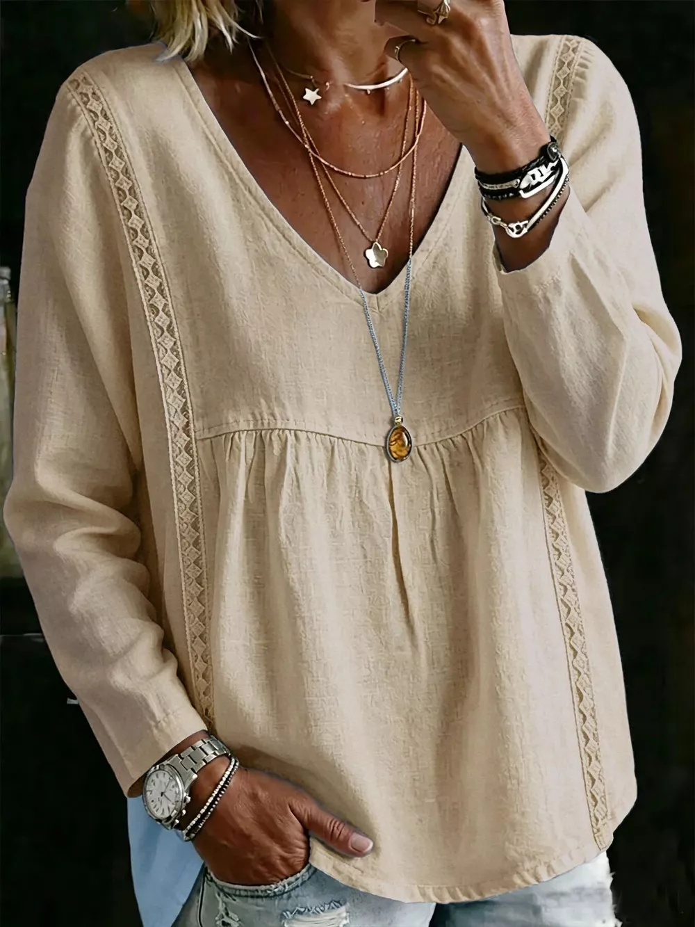 Full Size V-Neck Lace Trimmed Long Sleeve Blouse Plus Size, image 10