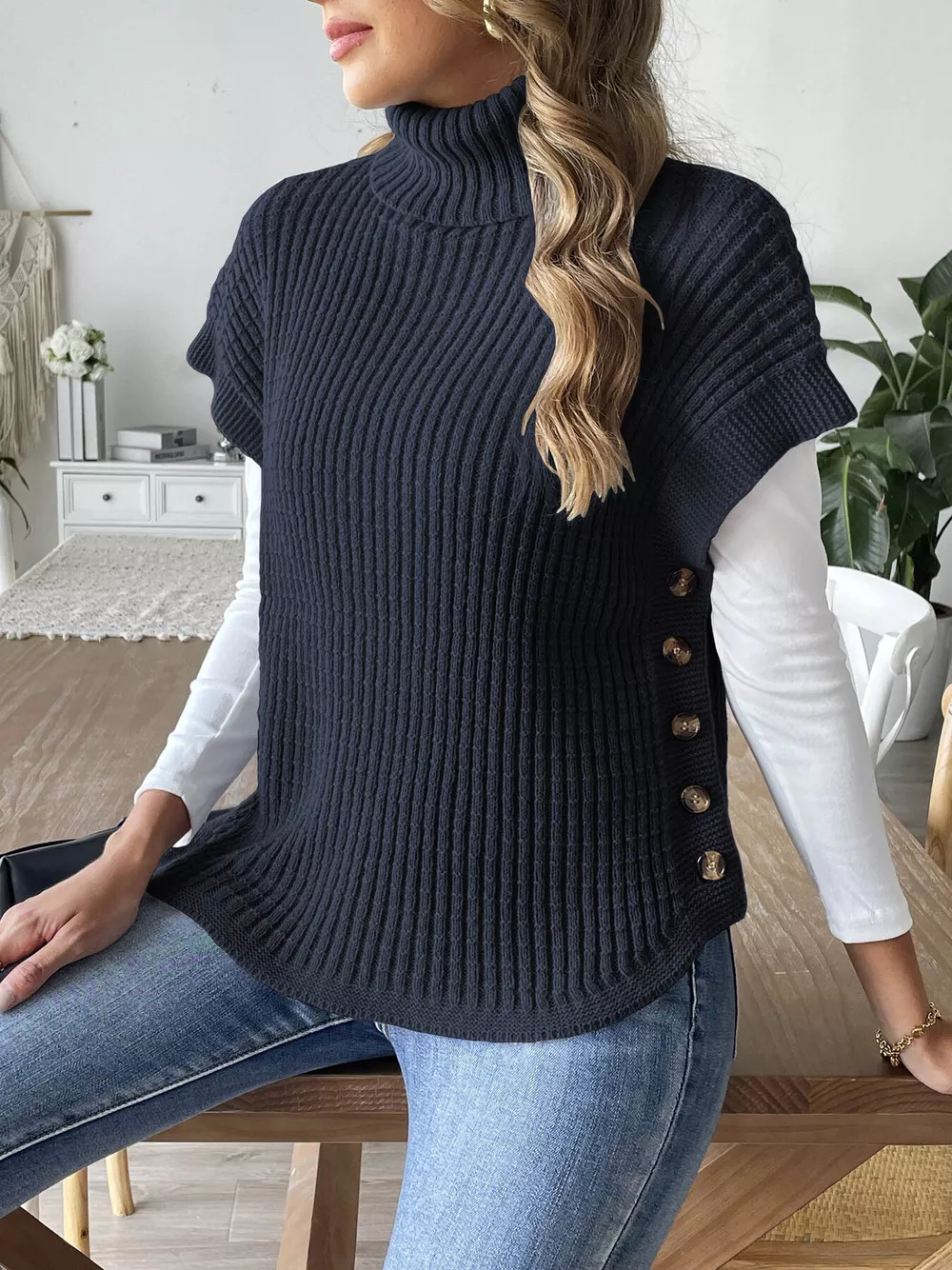 Turtleneck Side Decor Button Sweater Vest, image 15