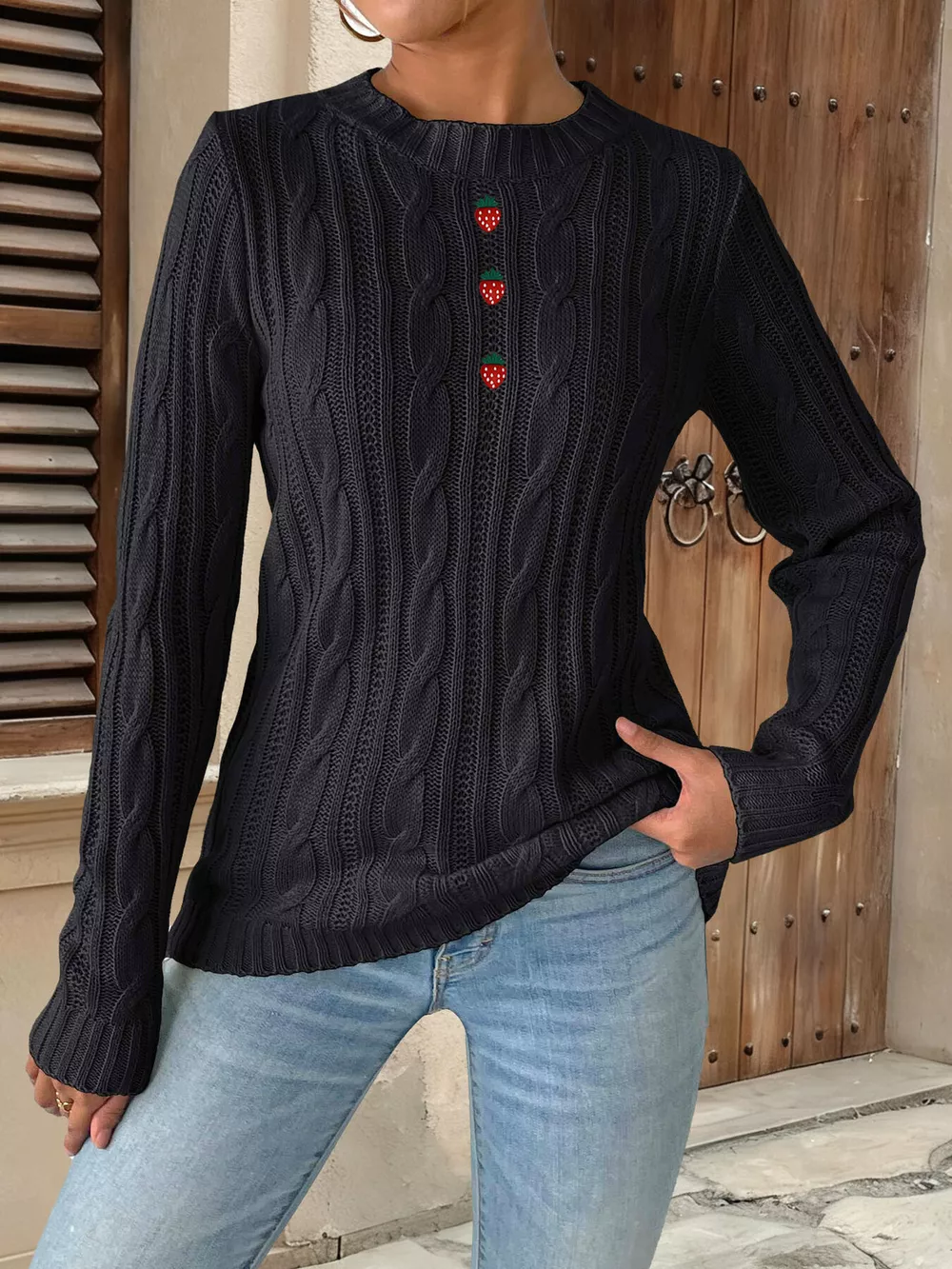 Strawberry Embellished Cable Knit Round Neck Sweater, image 6