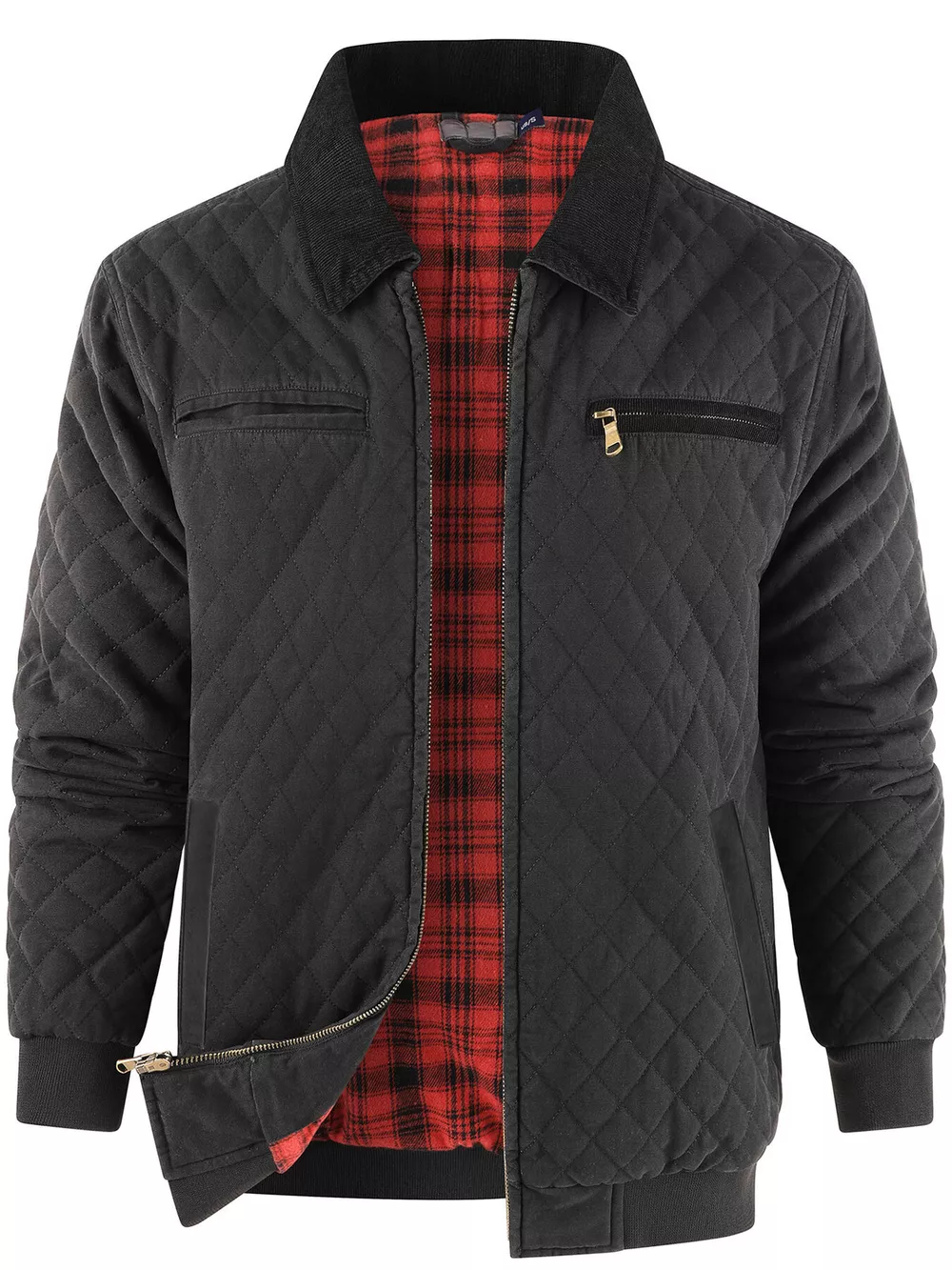 Men's Quilted Collared Neck Jacket with Plaid Lining