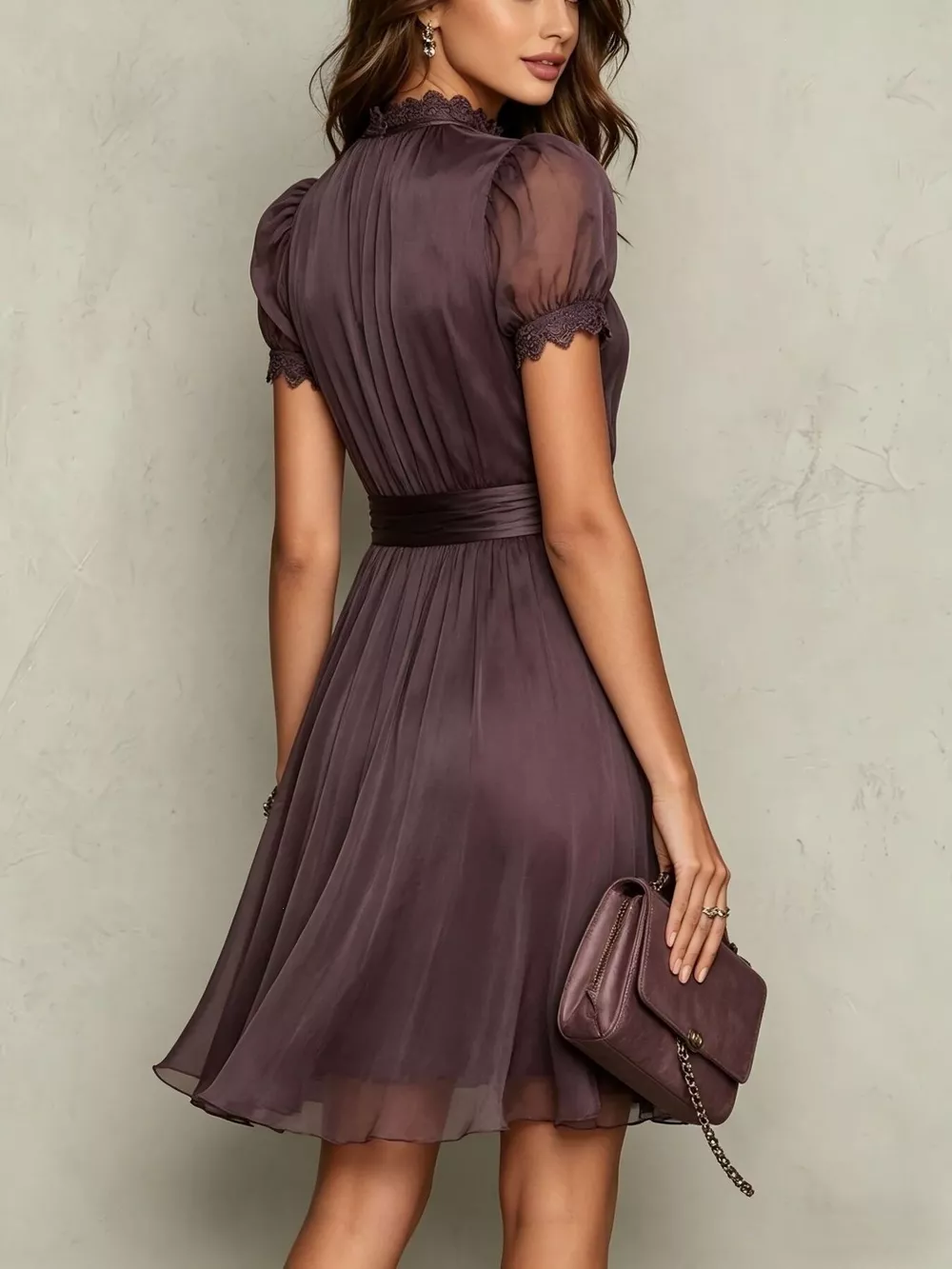 Full Size Lace Trim Puff Sleeve A-Line Dress Plus Size, image 4