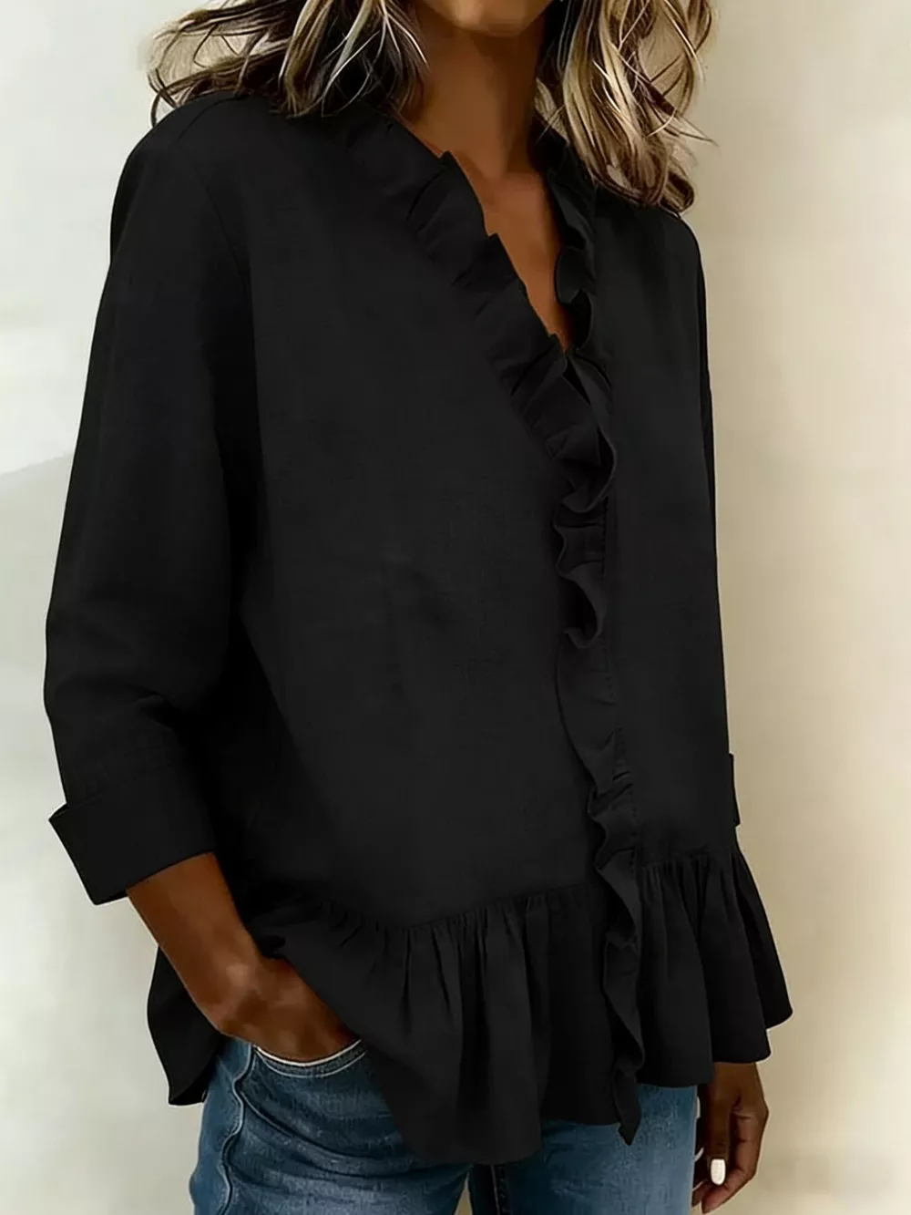 Full Size Ruffled V-Neck Long Sleeve Blouse Plus Size, image 13