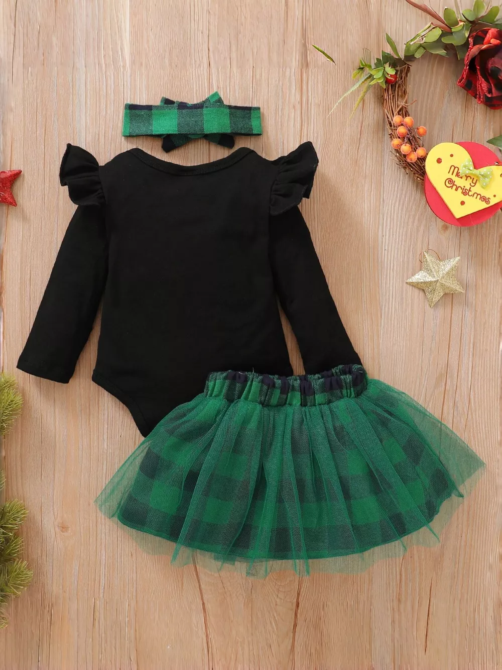 Children's Christmas Themed Top and Plaid Tutu Skirt Set with Headband, image 5