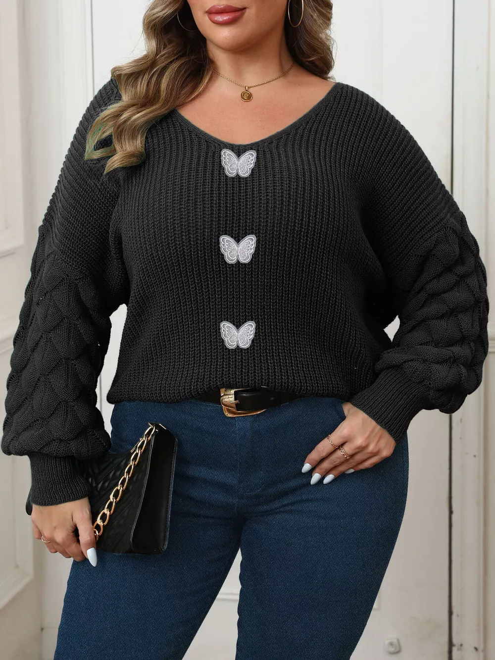 Plus Size Butterfly Dropped Shoulder Sweater, image 2
