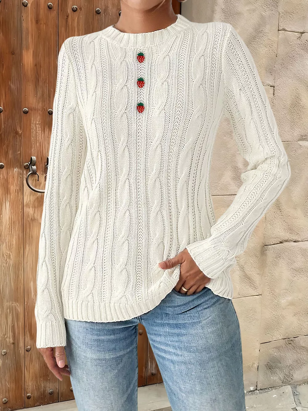 Strawberry Embellished Cable Knit Round Neck Sweater, image 2