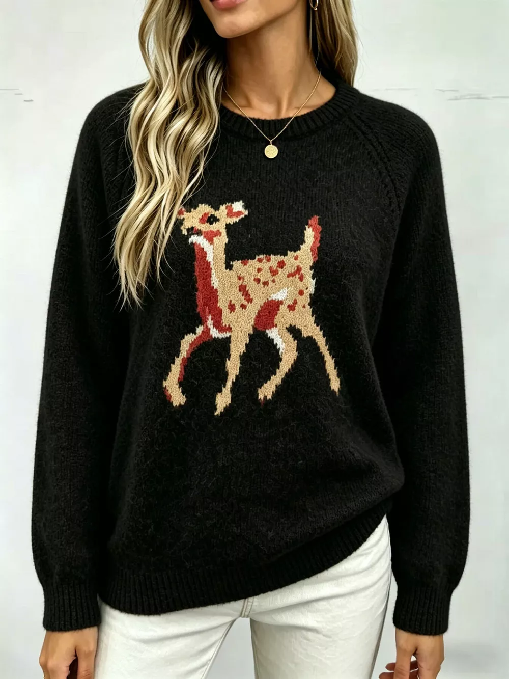 Deer Pattern Raglan Sleeve Sweater, image 8
