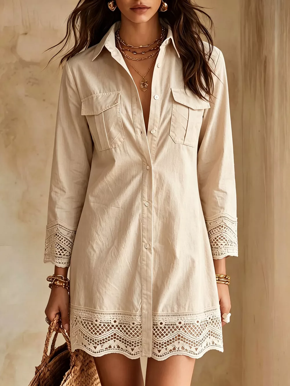 Button-Down Shirt Dress with Lace Trim, image 5