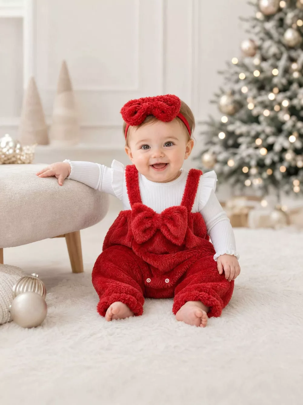 Children's Bow Fuzzy Overalls and Headband Set, image 2