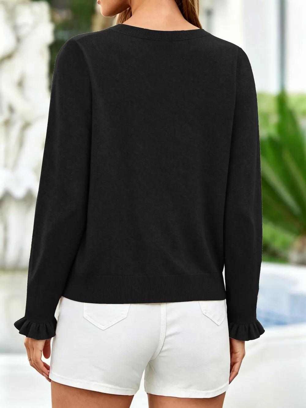 Ruffle-Trimmed Button-Down Knit Cardigan, image 9