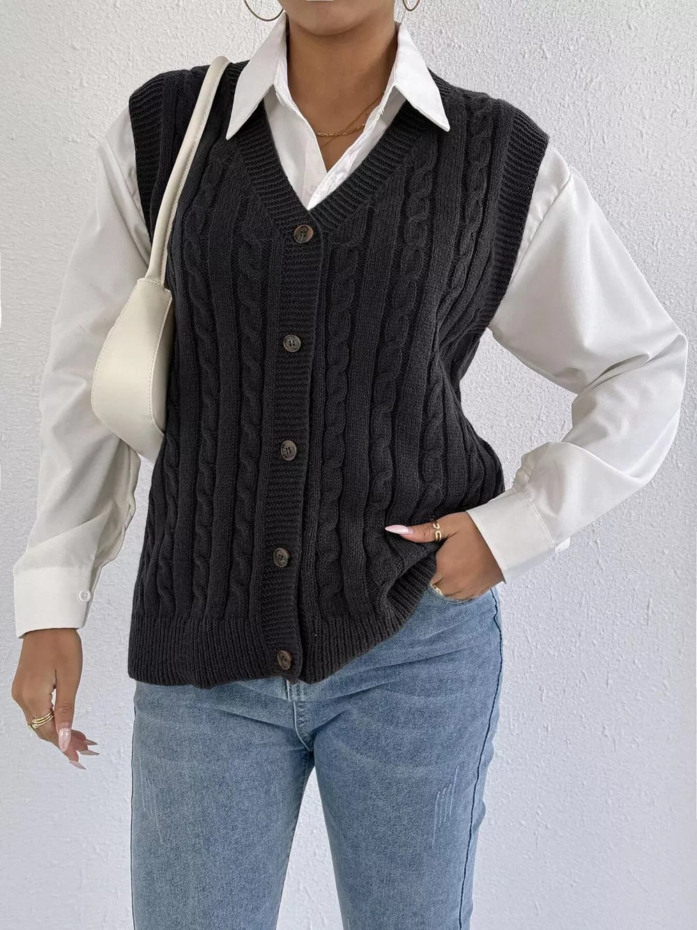 Cable-Knit Button-Up Sweater Vest, image 8