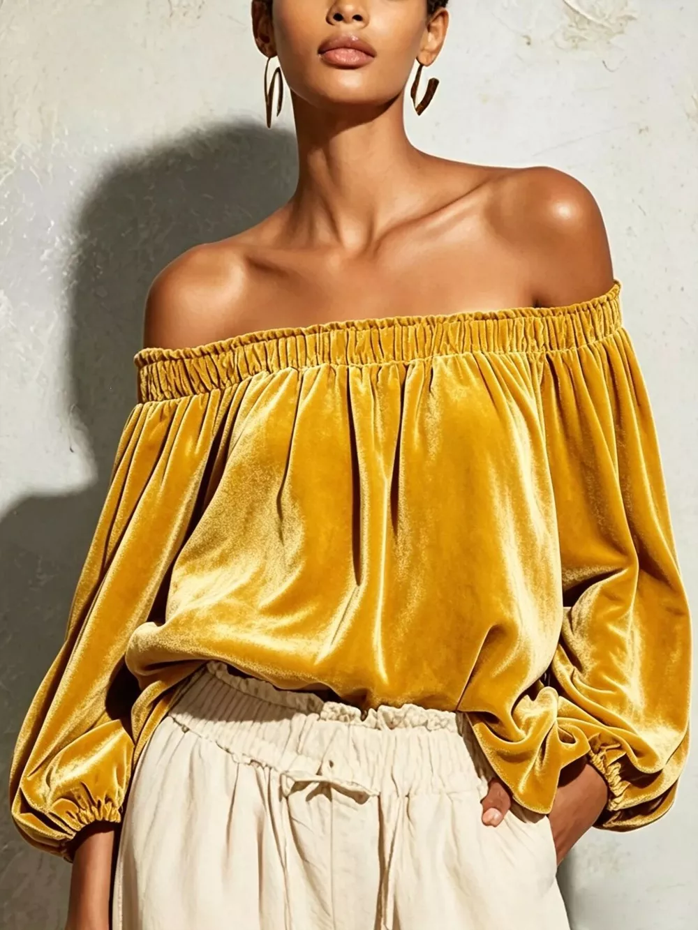 Off-Shoulder Velvet Long Sleeve T-Shirt, image 2