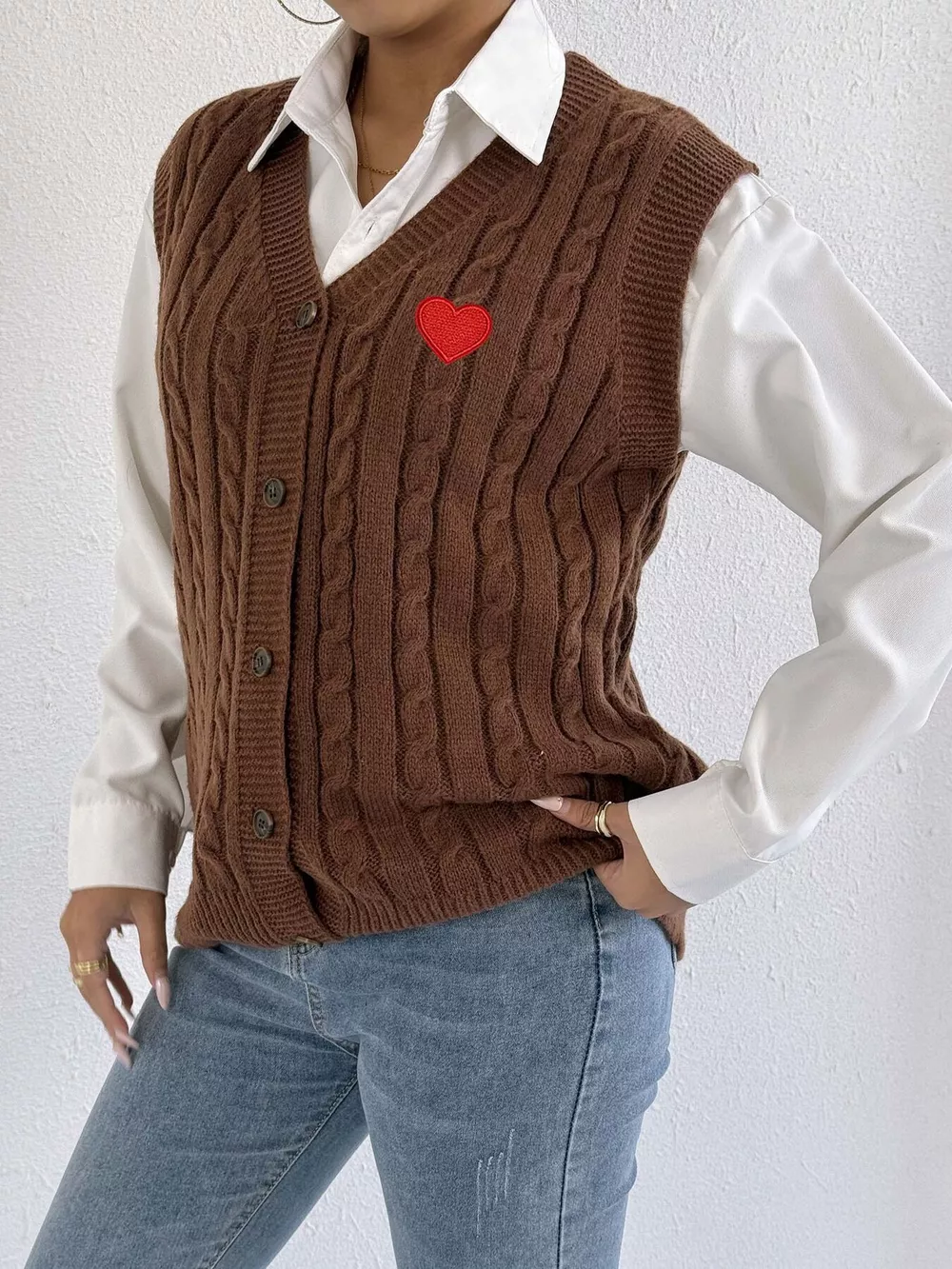 V-Neck Cable Knit Button-Down Sweater Vest with Heart Embroidery, image 7