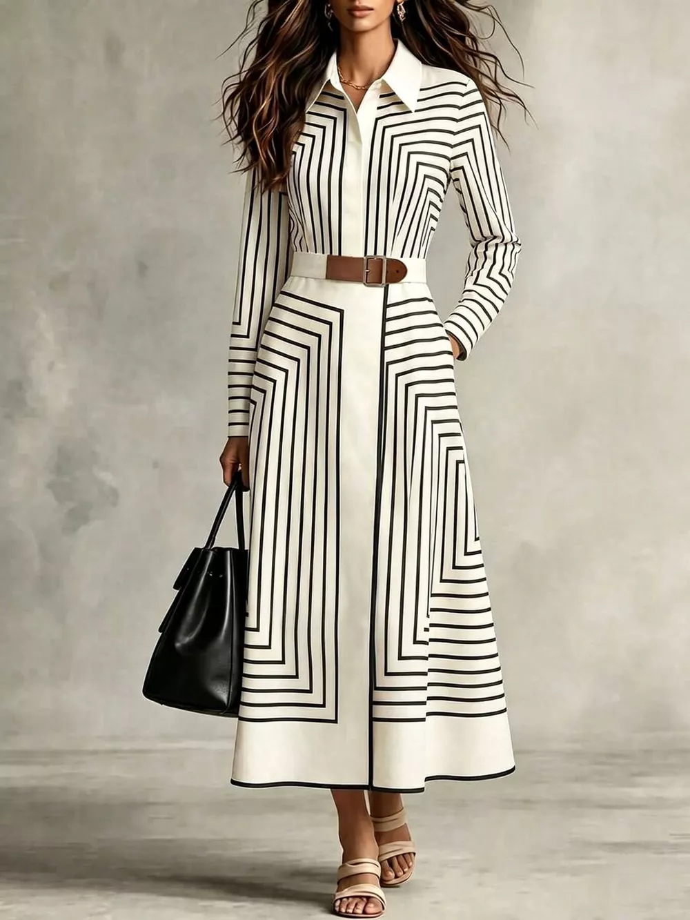 Geometric Striped Midi Shirt Dress, image 2