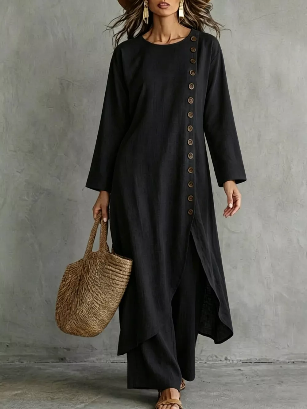 Full Size Side-Buttoned Longline Top and Pants Set Plus Size, image 3