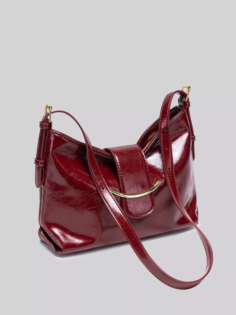 Elegant Glossy Patent Leather Shoulder Bag with Crescent Gold Accent, image 5