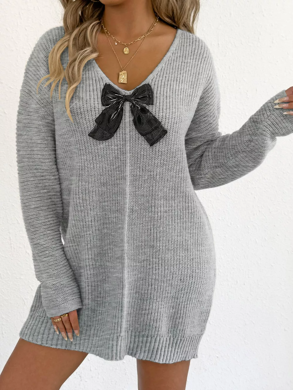 Bow Ribbed Knit Sweater Dress, image 2