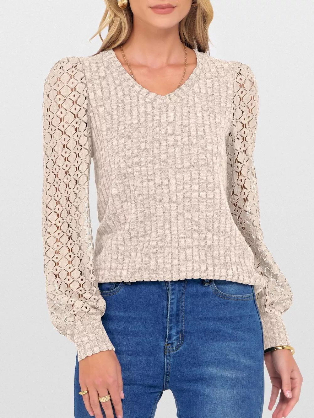 Lace Sleeve V-Neck T-Shirt, image 7