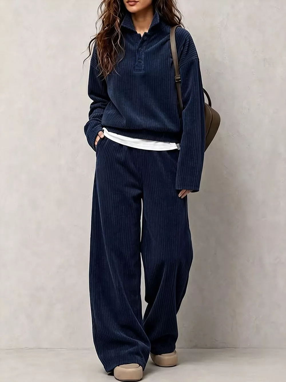 Corduroy Button Detail Top and Wide-Leg Pants Set, image 13