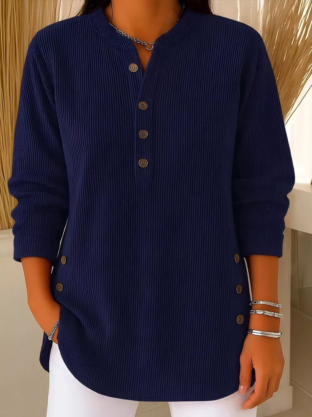 Full Size Ribbed Half Button Henley Top Plus Size, image 4