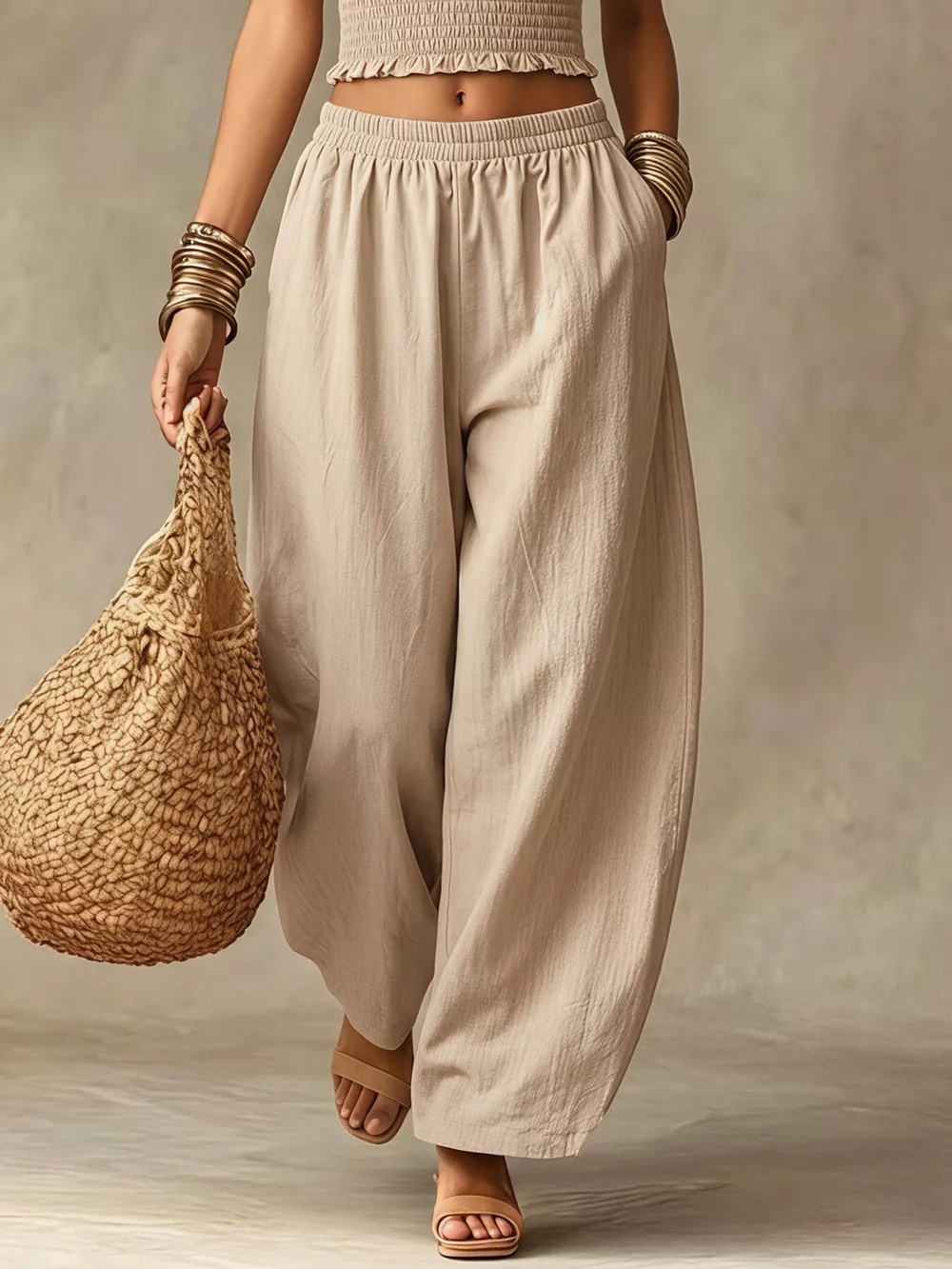 Halter Neck Crop Top and Wide-Leg Pants Two-Piece Set, image 3