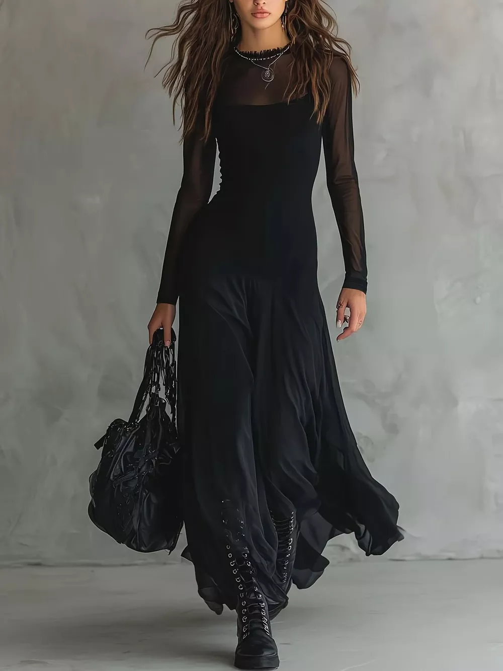 Elegant Gothic Sheer Mesh Long Sleeve Maxi Dress