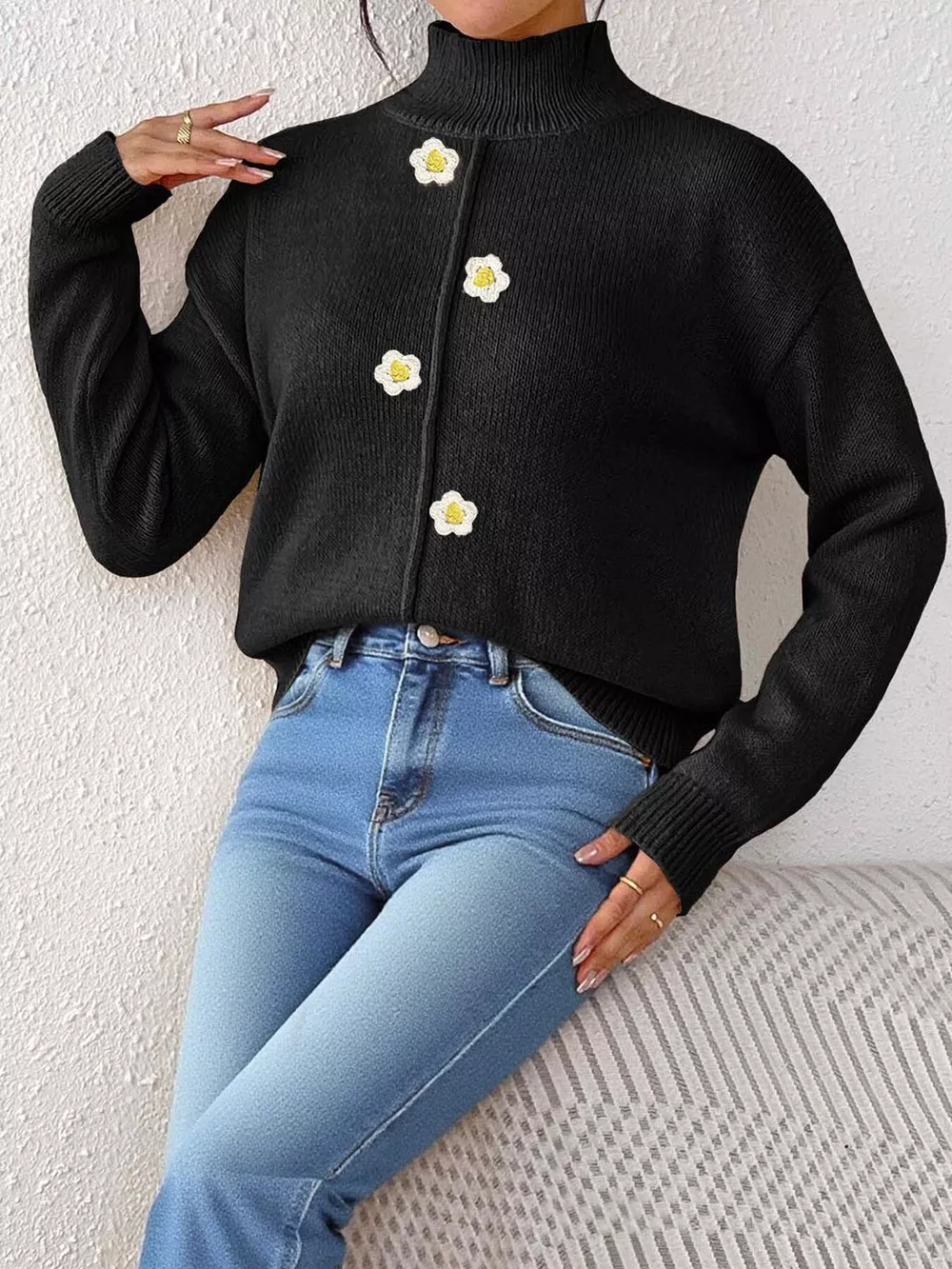 Floral Applique Turtleneck Sweater, image 10