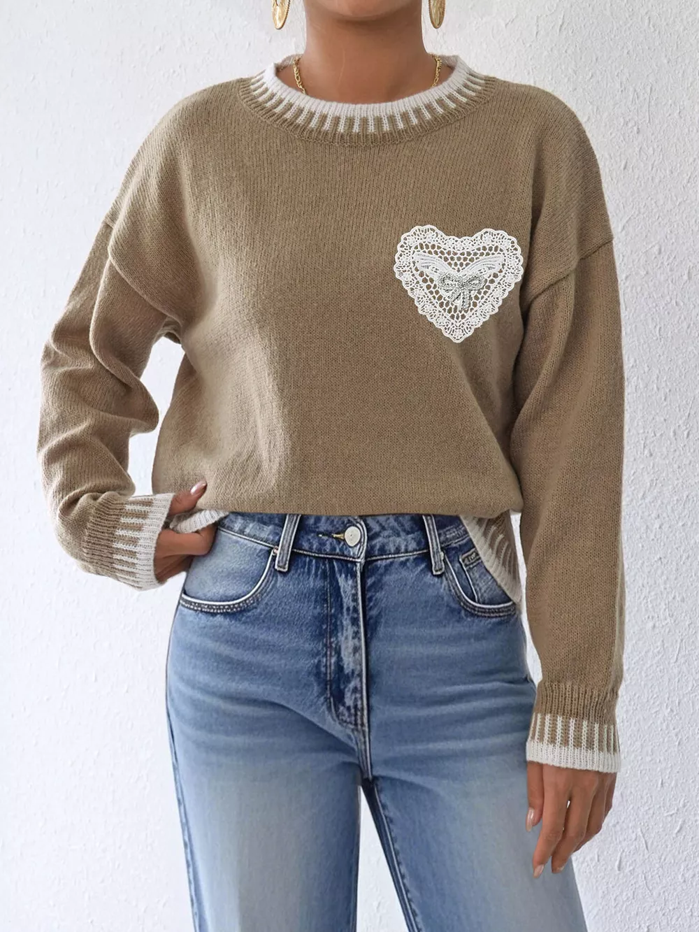Lace Heart Contrast Trim Sweater, image 5