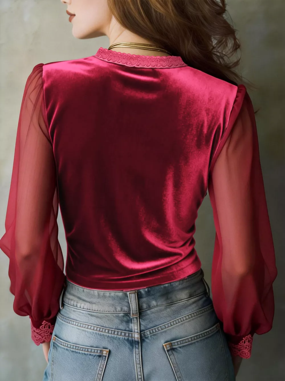 Lace Trim Sheer Long Sleeve Blouse, image 9
