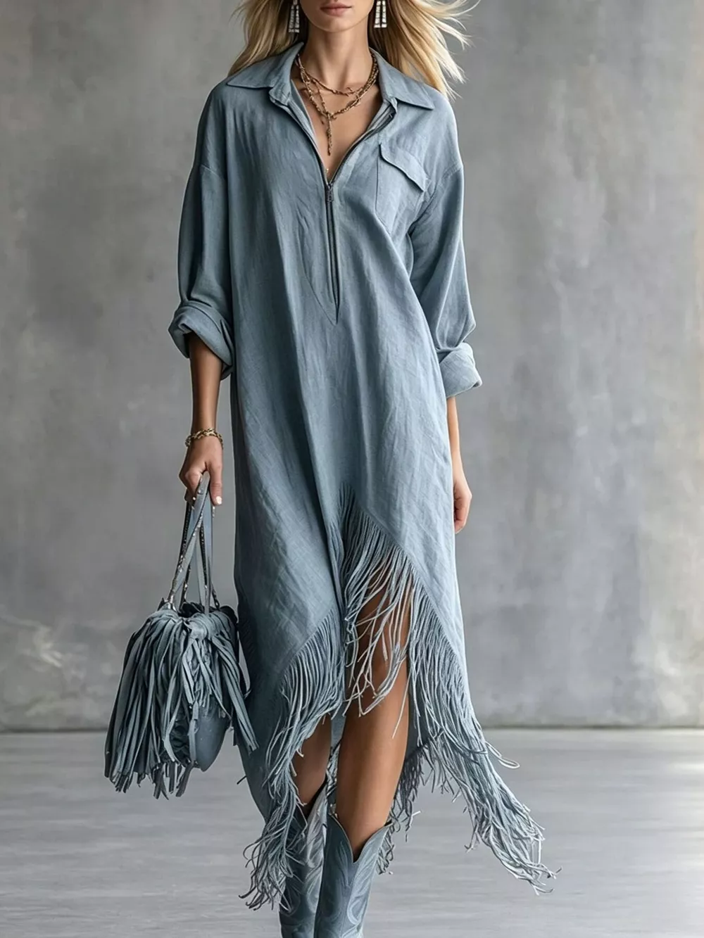 Zipper-Front Fringe Hem Midi Dress, image 16