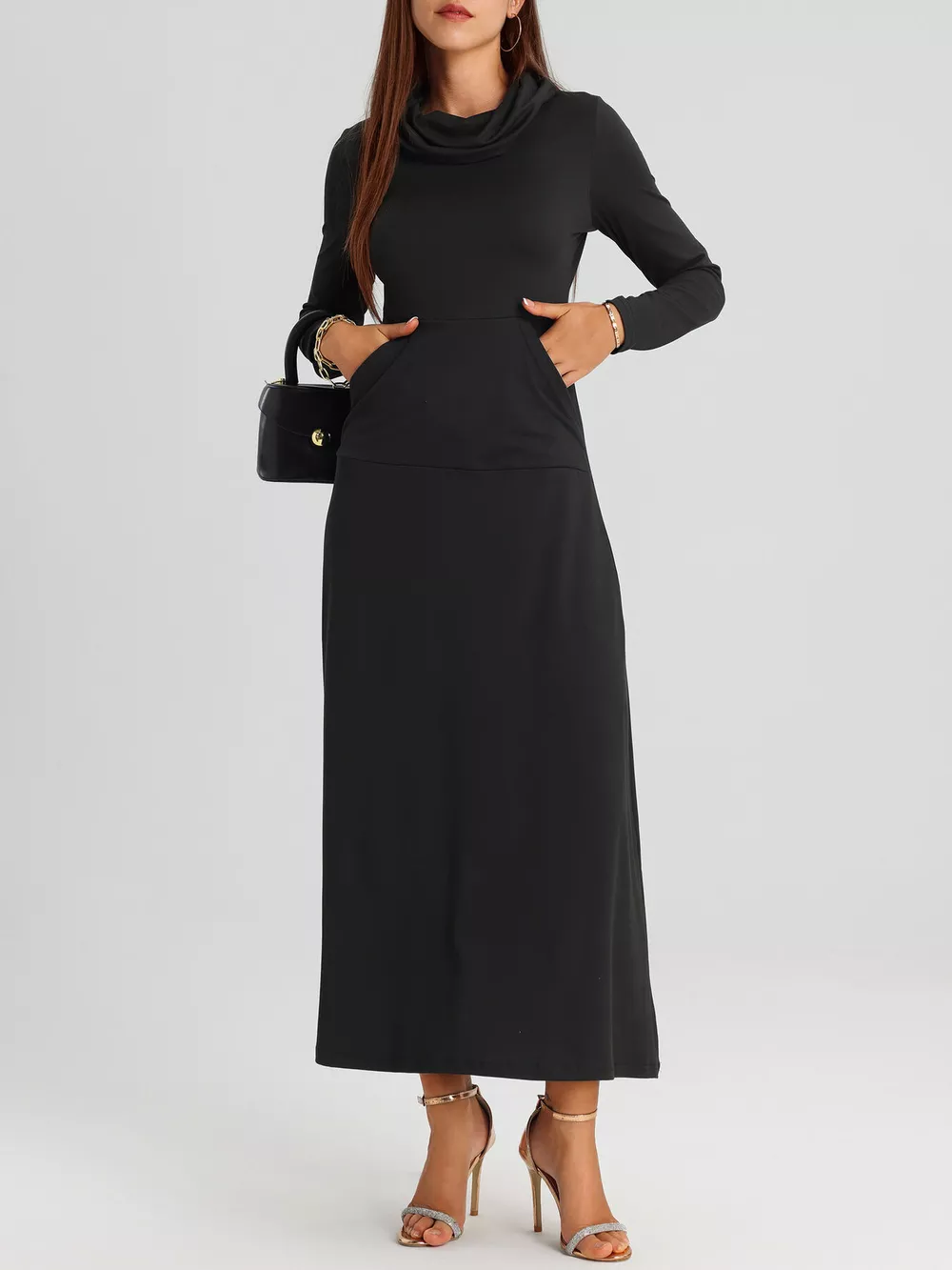 Cowl Neck Long Sleeve Midi Dress