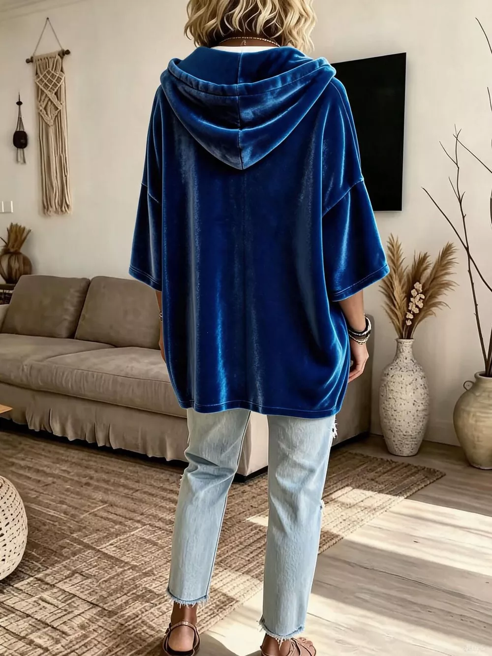 Full Size Velvet Button Detail Drawstring Hoodie Plus Size, image 5