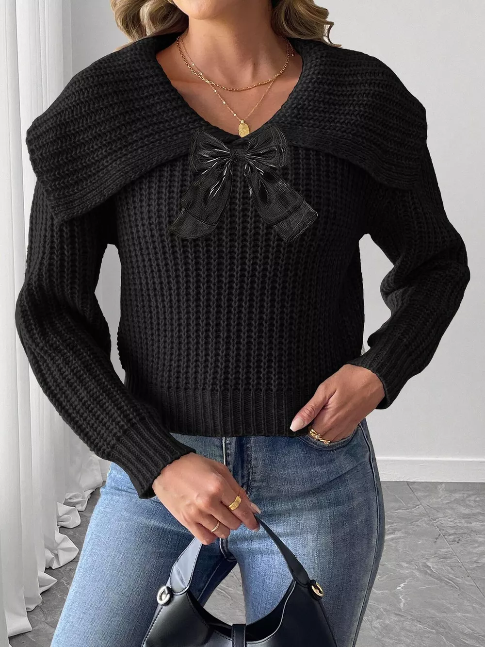 Contrast Bow Long Sleeve Sweater, image 6