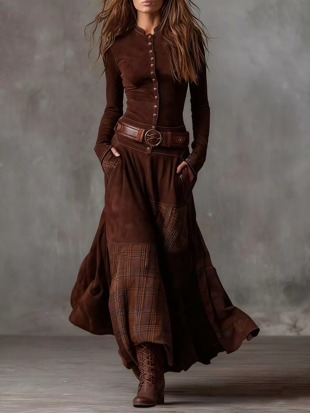Full Size Plaid Button Front Long Sleeve Dress Plus Size, image 6