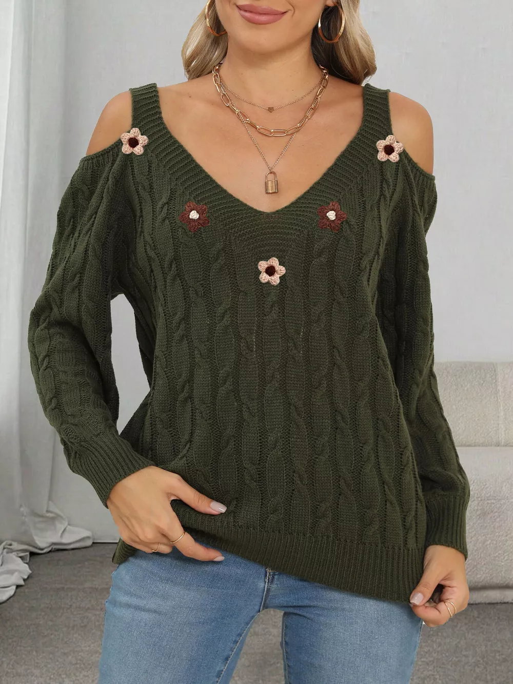 Floral Applique Cold Shoulder Cable Knit Sweater, image 11