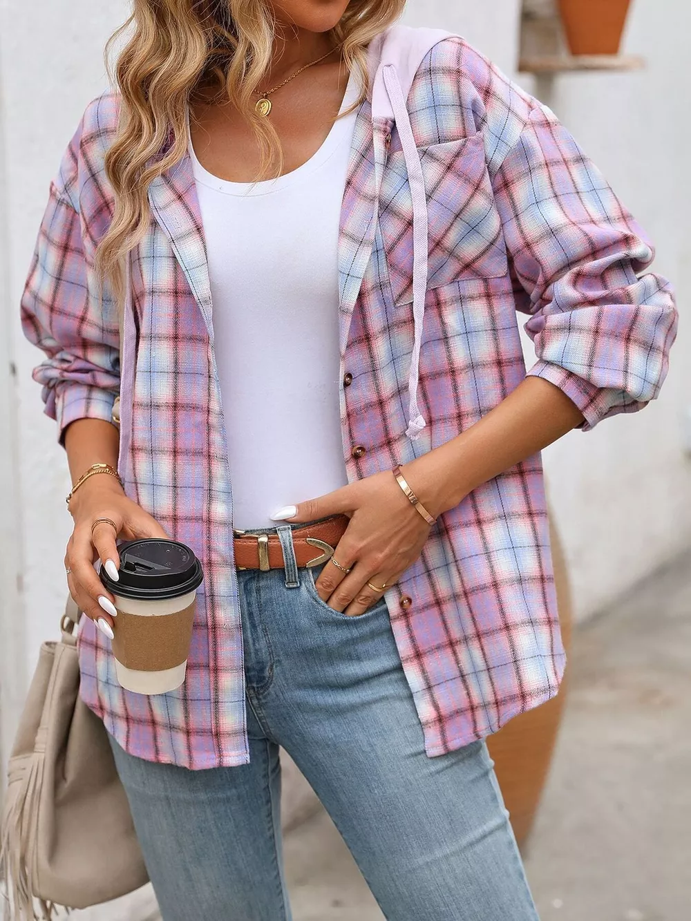 Hooded Plaid Button-Up Shirt, image 17