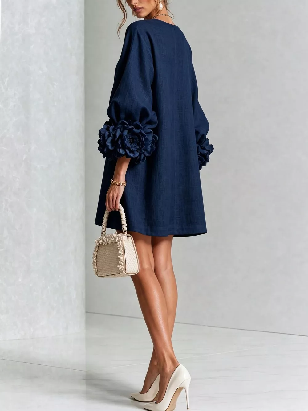 Full Size 3D Floral Sleeve Round Neck Dress Plus Size, image 4