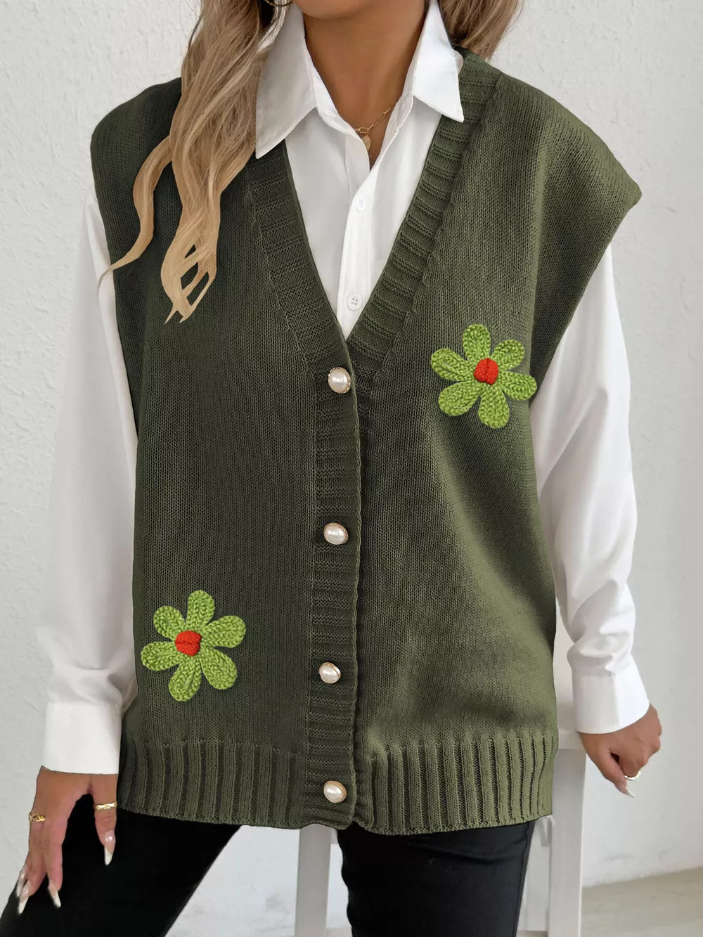Flower V-Neck Sleeveless Cardigan, image 7