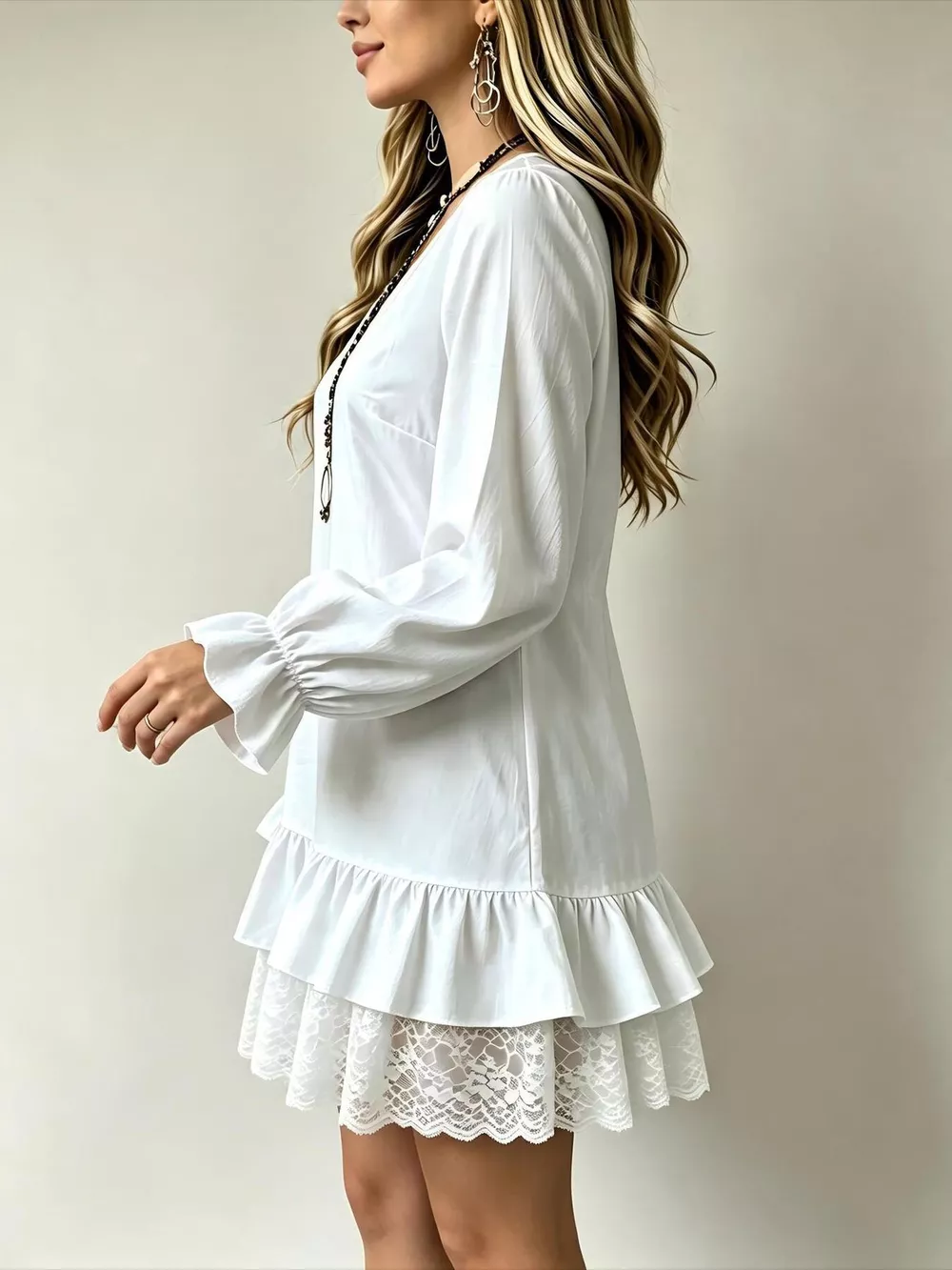 V-Neck Long Sleeve Ruffle Hem Lace Detail Dress, image 12