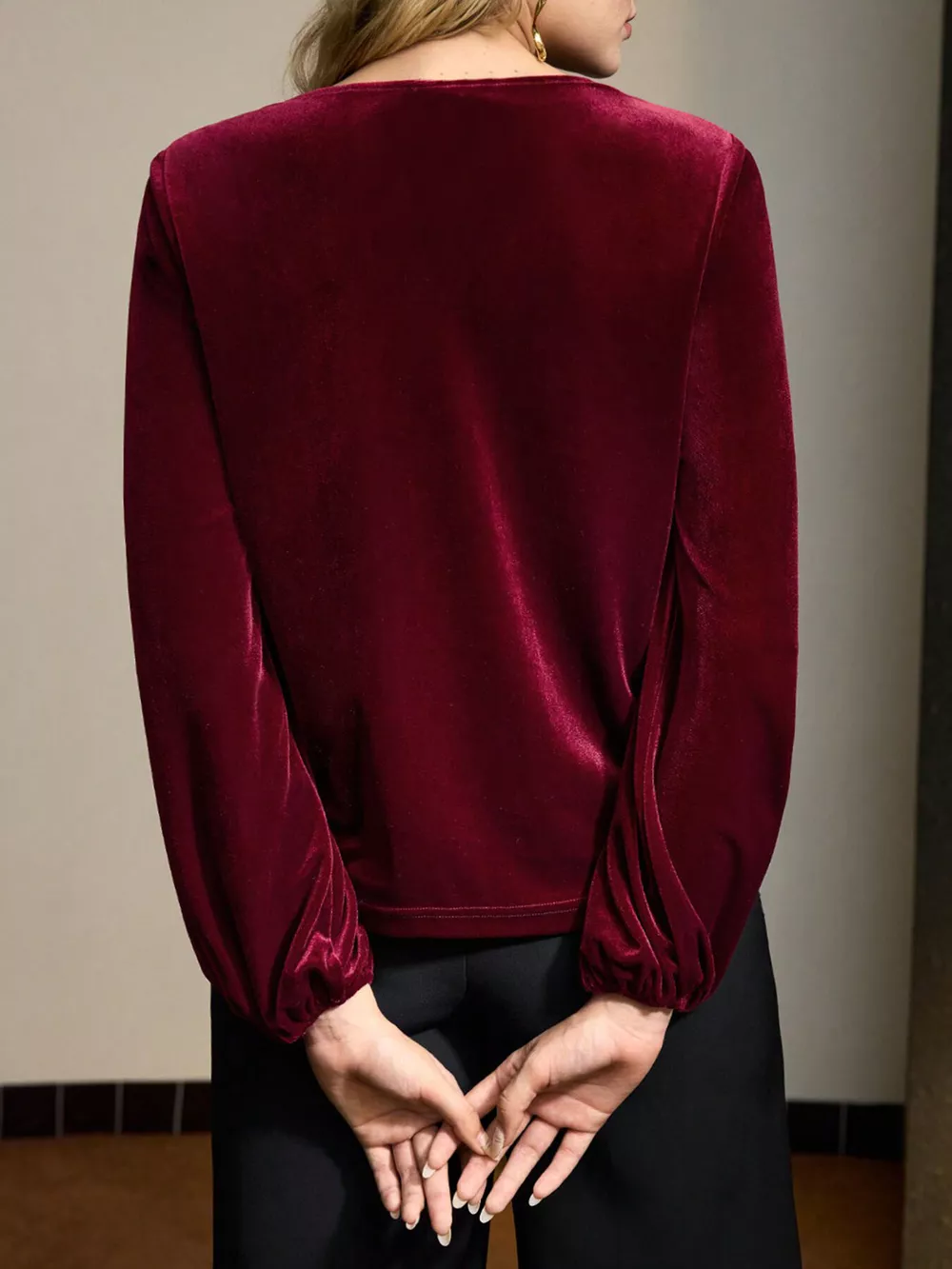 Velvet Twist-Front Long Sleeve Blouse, image 4