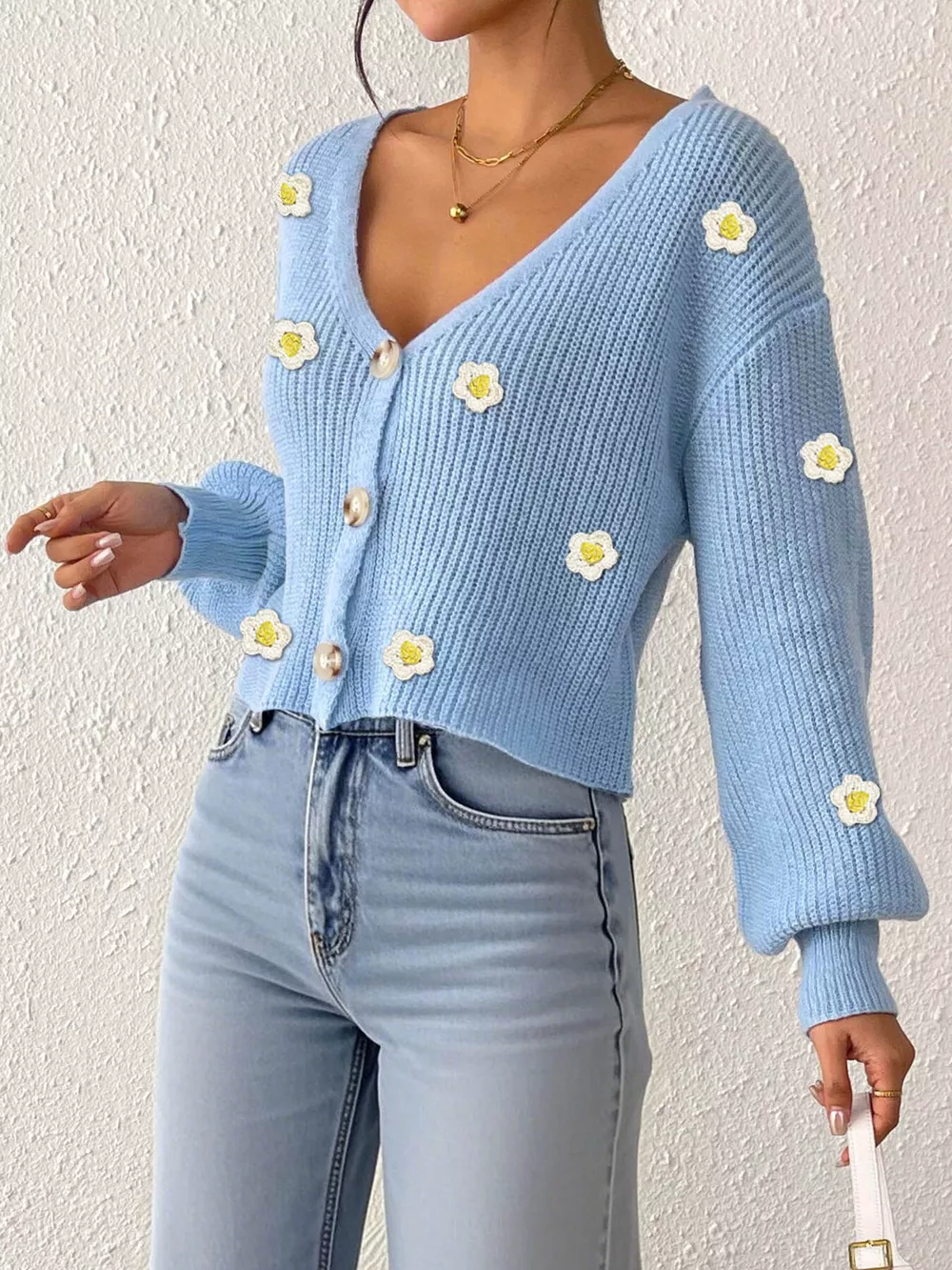 Floral V-Neck Button-Down Cropped Cardigan, image 12