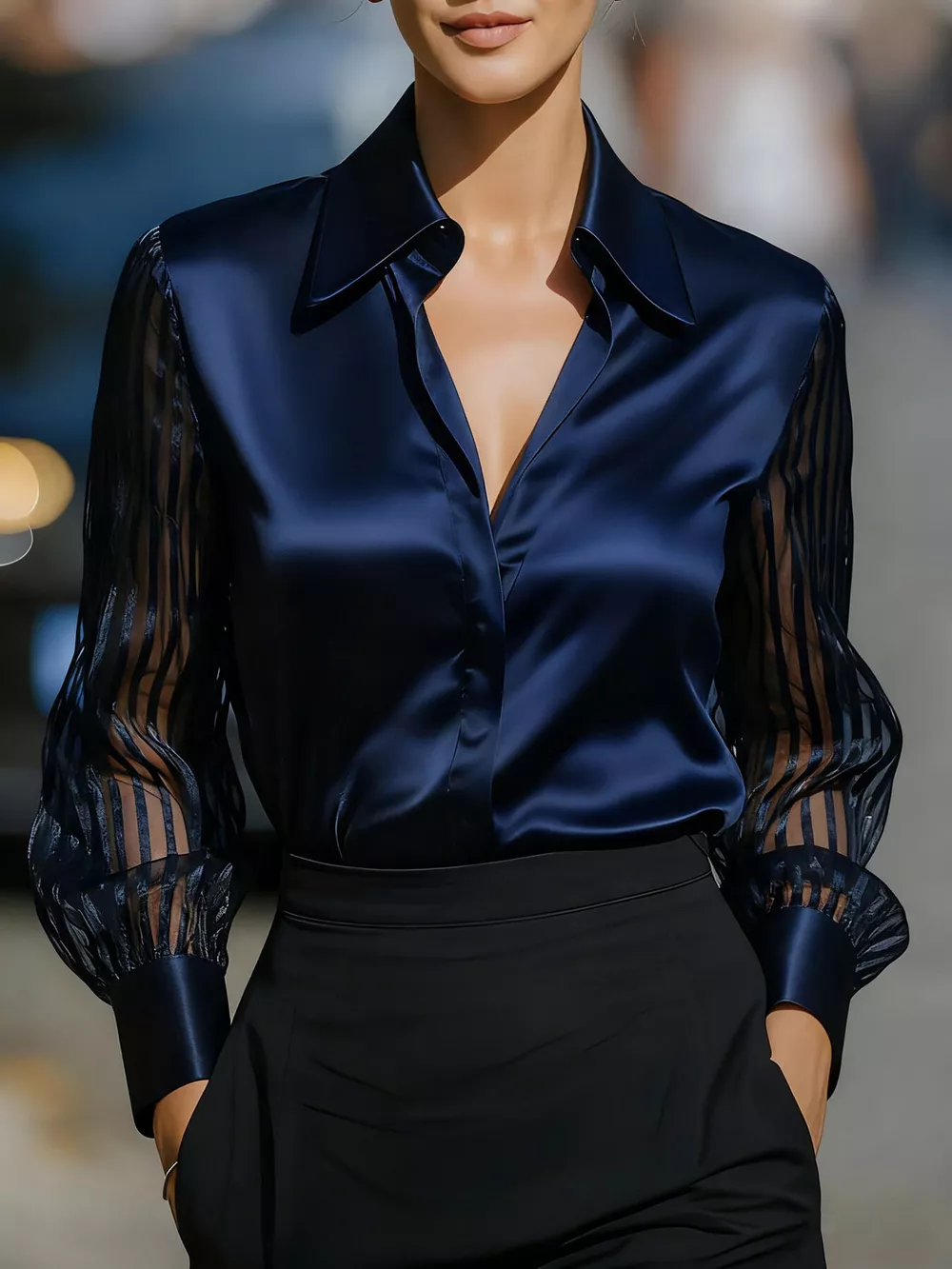 Collared Neck Sheer Sleeve Shirt, image 4