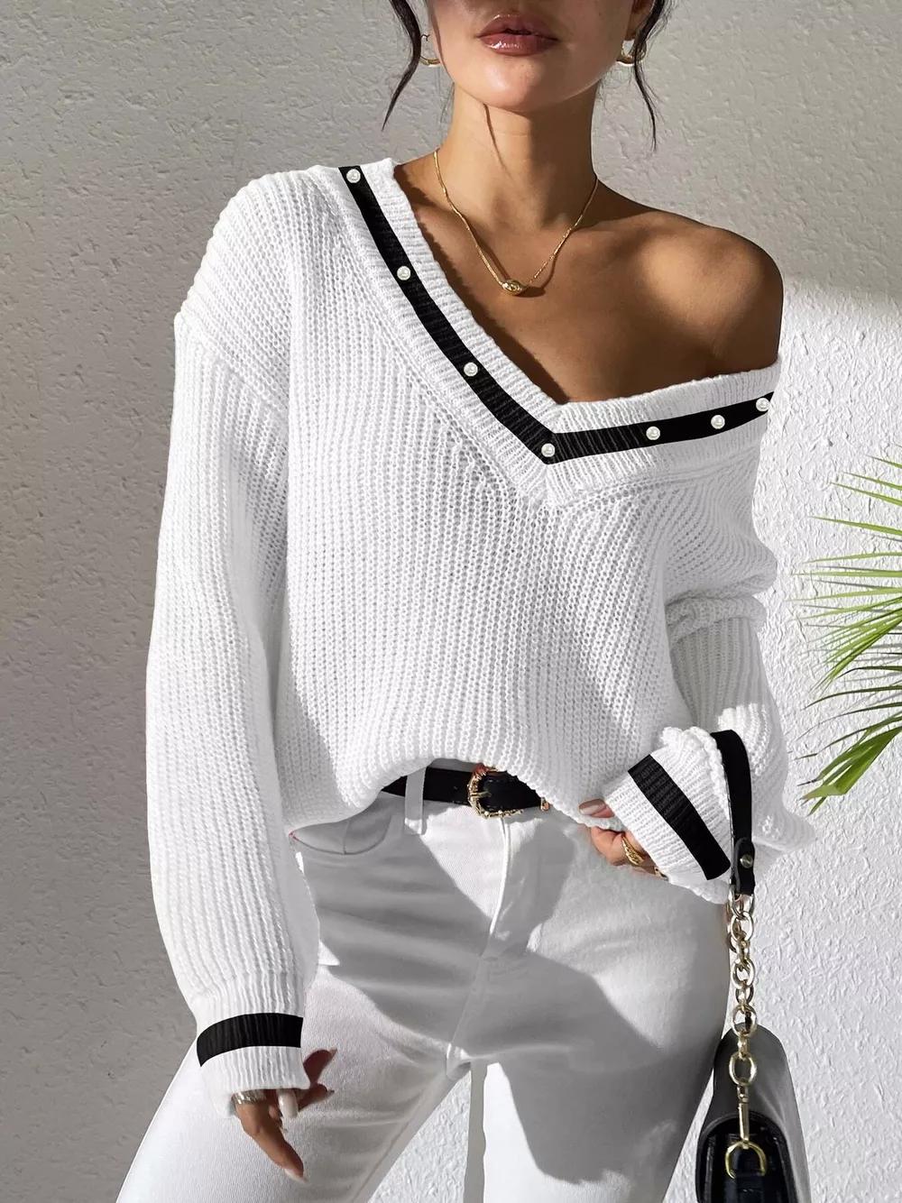 V-Neck Contrast Trim Sweater with Pearl Decor, image 11