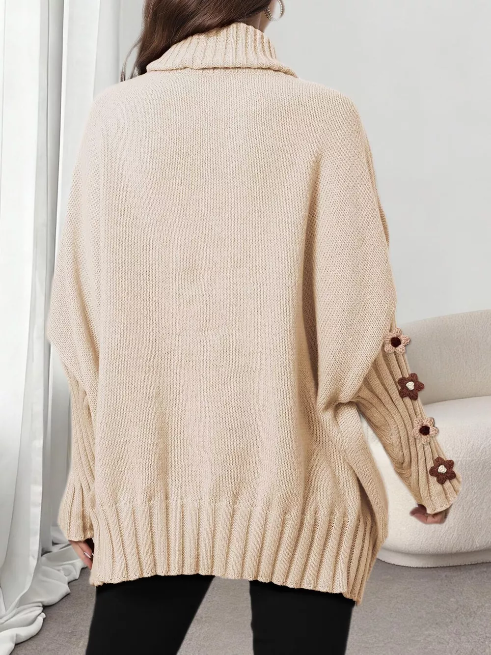 Oversized Turtleneck Sweater with Floral Applique Sleeves, image 4