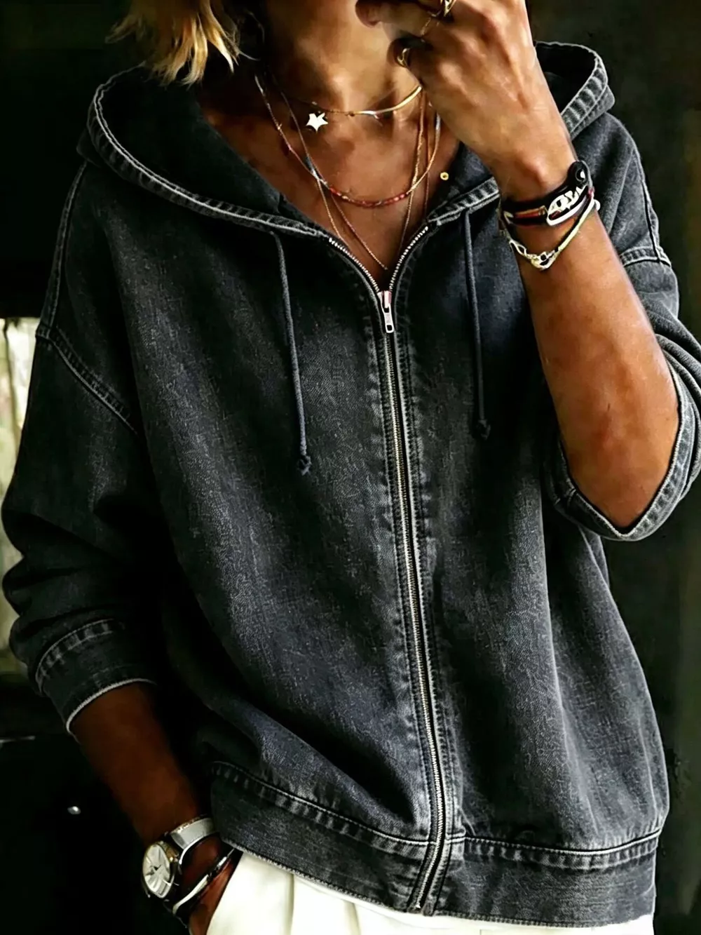 Full Size Zip-Up Dropped Shoulder Hoodie Plus Size, image 3