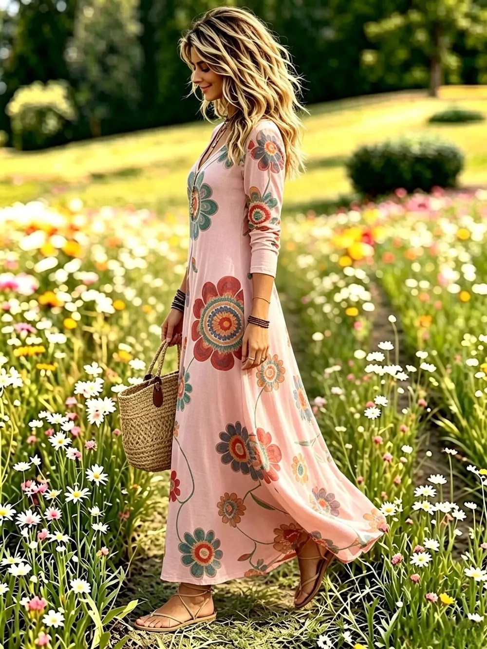 Floral Print V-Neck Long Sleeve Maxi Dress, image 15