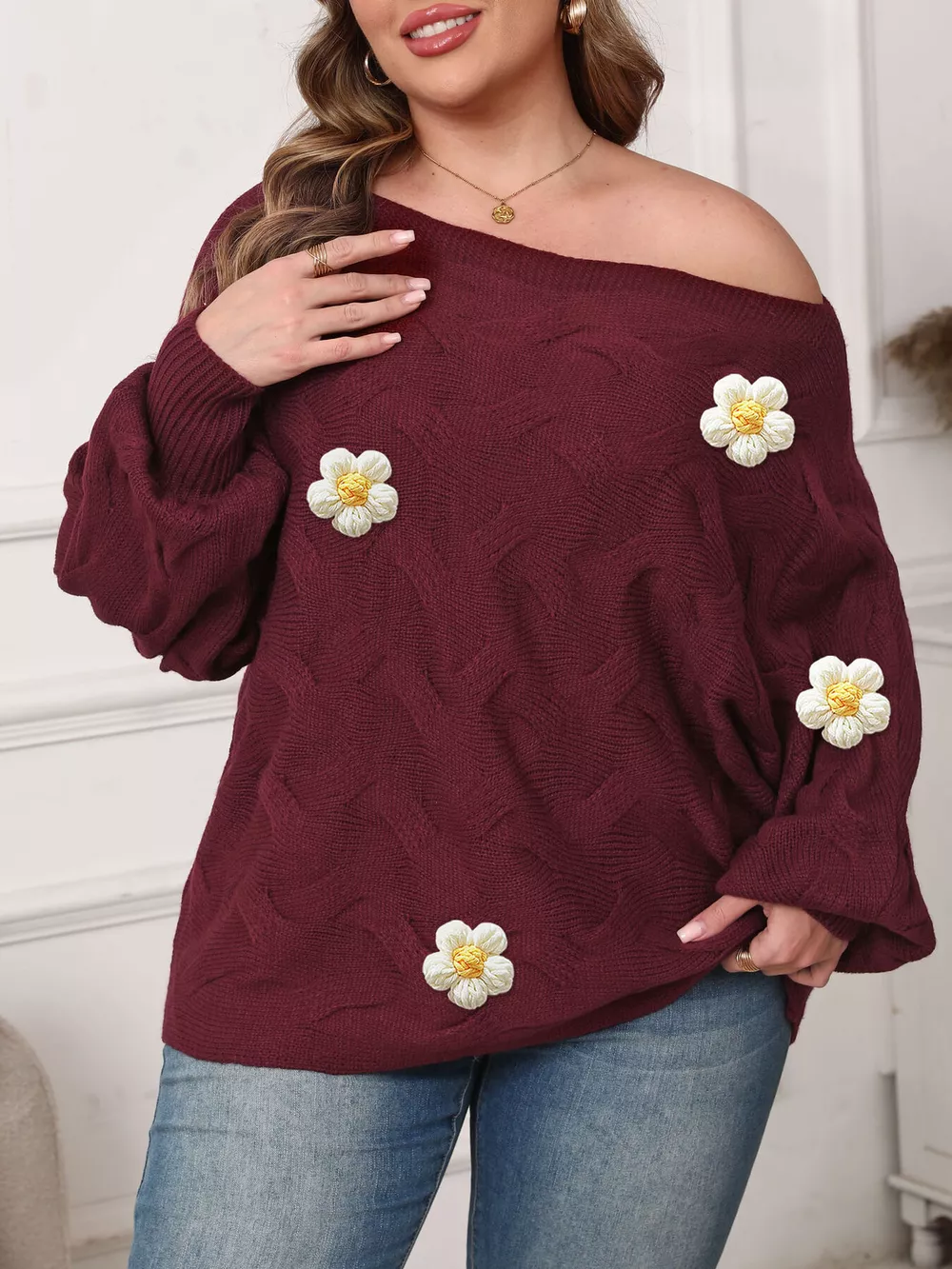 Plus Size One-Shoulder Floral Applique Sweater