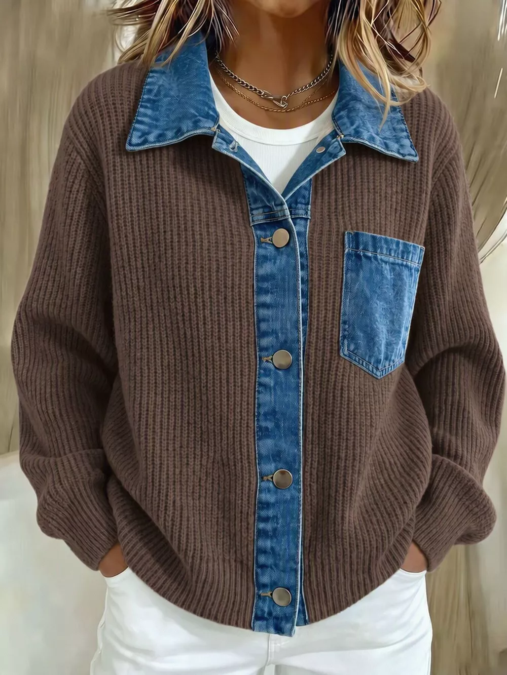 Denim Trim Button Up Cardigan, image 3